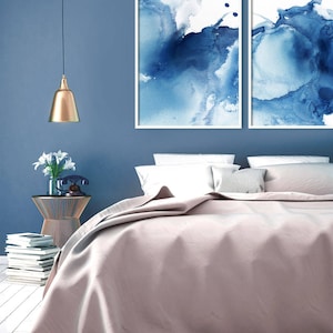 Set of 2 Abstract Prints, Modern Blue Poster, Indigo Watercolor, Navy Blue Decor, Bedroom Wall Art, Digital Download, Diptych Art, Painting image 3