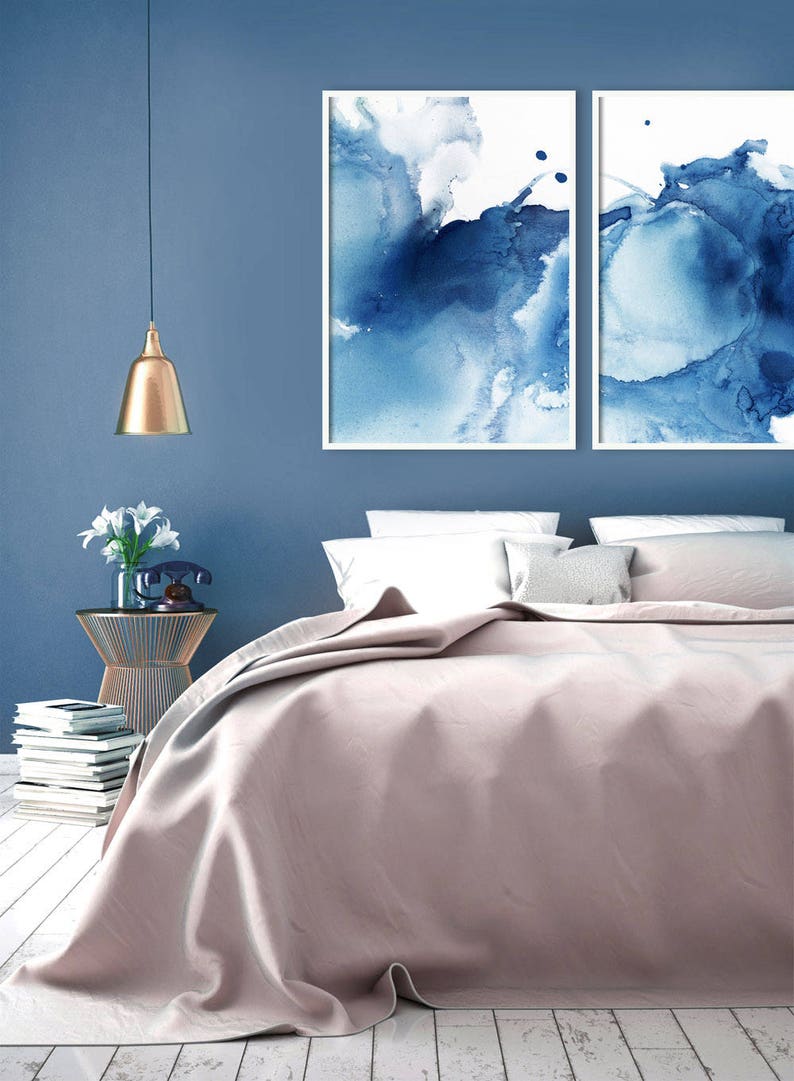 Set of 2 Abstract Prints, Modern Blue Poster, Indigo Watercolor, Navy Blue Decor, Bedroom Wall Art, Digital Download, Diptych Art, Painting image 3