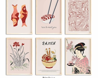 Láminas de arte de cocina japonesa: peces koi, ramen y geishas (descarga digital)