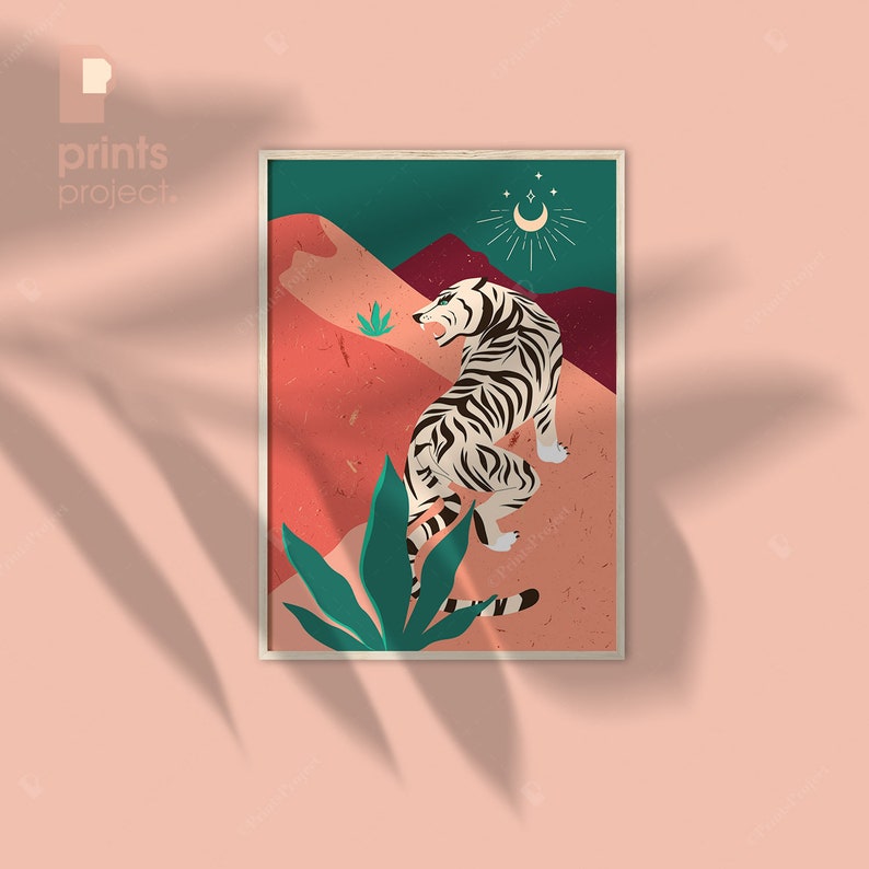 Tiger Illustration, Terracotta Animal Print, Burnt Orange Boho Bedroom Decor, Digital Download, Big Cat Print, Abstract Mountain Print image 3