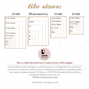May include: A chart showing different file sizes for digital prints in inches and centimeters. The chart is divided into three sections: 2:3 ratio, ISO (International Size), 3:4 ratio, and 4:5 ratio. The chart includes the dimensions of each size in both inches and centimeters. The text "Prints Project" is at the bottom of the chart.