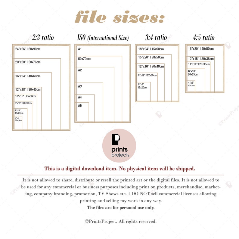 May include: A chart showing different file sizes for digital prints in inches and centimeters. The chart is divided into three sections: 2:3 ratio, ISO (International Size), 3:4 ratio, and 4:5 ratio. The chart includes the dimensions of each size in both inches and centimeters. The text "Prints Project" is at the bottom of the chart.