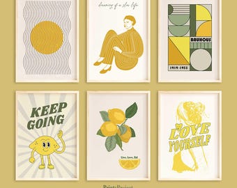 Yellow Green Retro Print Set: Bauhaus, Lemon Theme (Digital Download)