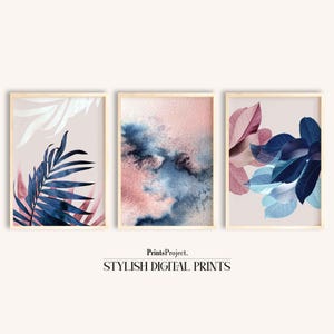 Botanical Print Set: Navy, Blush, Abstract Watercolor (Digital Download)