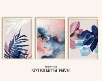 Botanical Print Set: Navy, Blush, Abstract Watercolor (Digital Download)