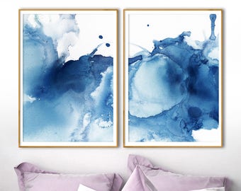 Lot de 2 impressions abstraites, affiche bleue moderne, aquarelle indigo, décoration bleu marine, art mural de la chambre à coucher, téléchargement numérique, art diptyque, peinture