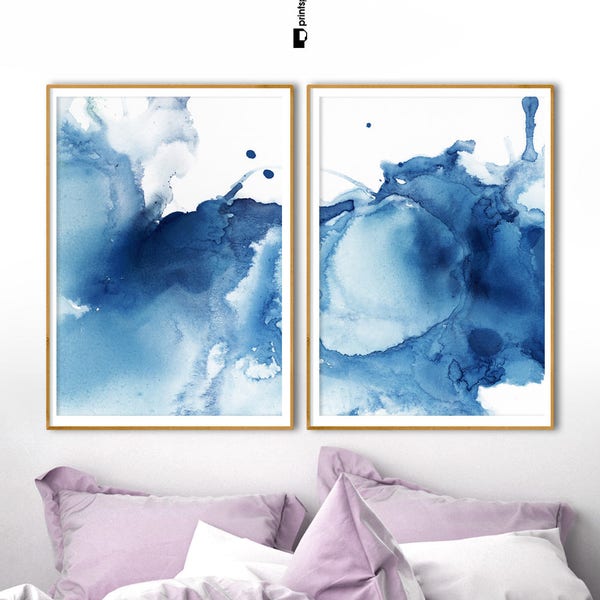 Set of 2 Abstract Prints, Modern Blue Poster, Indigo Watercolor, Navy Blue Decor, Bedroom Wall Art, Digital Download, Diptych Art, Painting