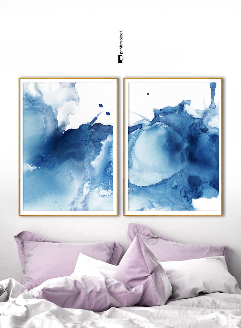 Set of 2 Abstract Prints, Modern Blue Poster, Indigo Watercolor, Navy Blue Decor, Bedroom Wall Art, Digital Download, Diptych Art, Painting image 1