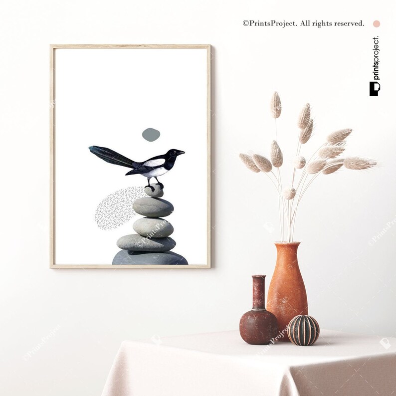 May include: A black and white magpie perched on a stack of grey stones. The bird is facing right and has a grey circle behind it. The background is white.