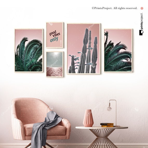 Boho Gallery Wall Set of 5 Prints, Blush Pink and Green, Palm Leaf