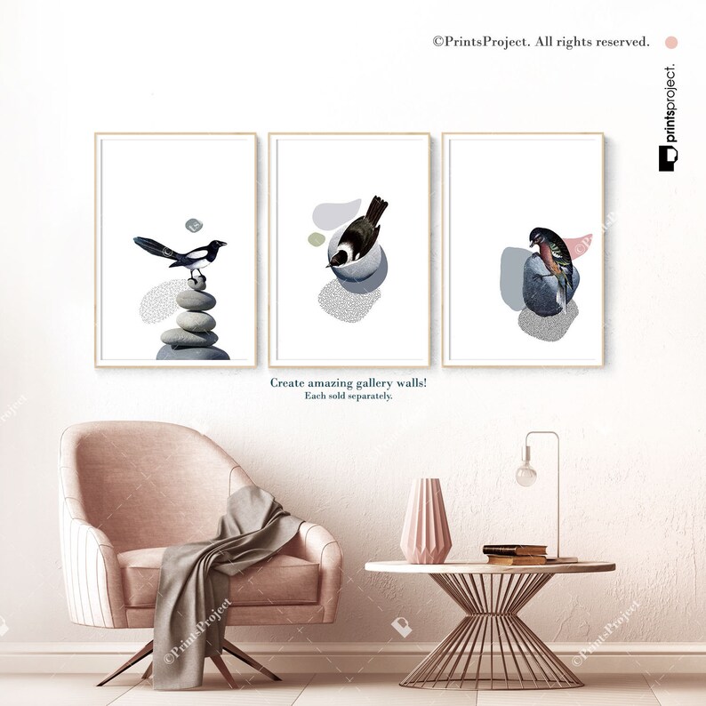 May include: Three abstract art prints featuring birds and geometric shapes in shades of grey, blue, and pink. The prints are framed and displayed on a white wall.