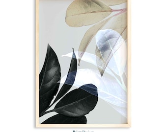 Modern Botanical Print: Black & Grey Leaf Art (Digital Download)