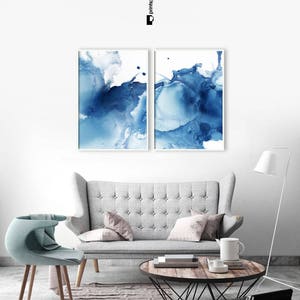 Set of 2 Abstract Prints, Modern Blue Poster, Indigo Watercolor, Navy Blue Decor, Bedroom Wall Art, Digital Download, Diptych Art, Painting image 2