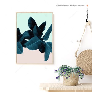 Tropical Leaf Print, Ficus Elastica Plant, Above Bed Decor, Modern Botanical Pink and Blue Wall Art, Digital Download image 4