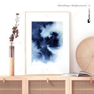 Indigo Blue Watercolor Print, Navy Blue Wall Art, Abstract Painting, Digital Download, Printable Gift Her, Living Room Decor, Large Poster image 2