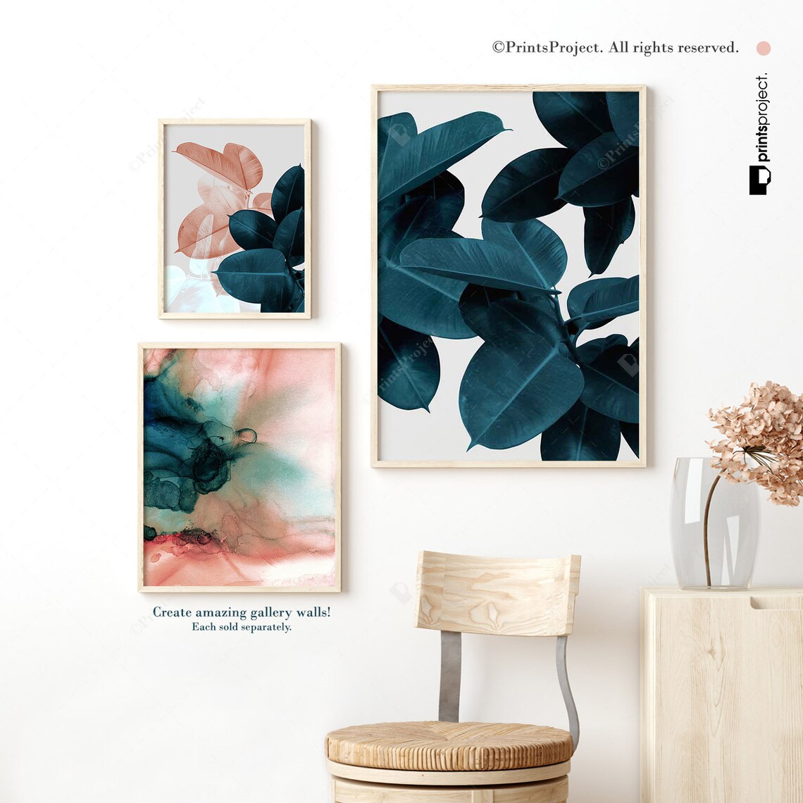 Blue Leaves Wall Art Tropical Leaf Print Above Couch Wall Etsy UK