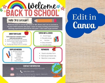May include: A colorful welcome back to school flyer for third grade students. The flyer includes a rainbow, stars, and a globe. The text on the flyer includes "Welcome Back to School", "Hello 3rd Grader!" and "Edit in Canva".