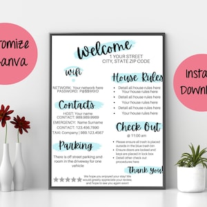 Plantilla de póster de bienvenida de Airbnb de 1 página, signo de contraseña de Wifi imprimible, libro de bienvenida, reglas de la casa, anfitrión, alquiler de vacaciones, instrucciones de salida