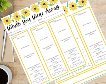 Sunflower Festive Middle High School Substitute Teacher Printable Note Resources Editable Class Periods Substitute Multiple Classes