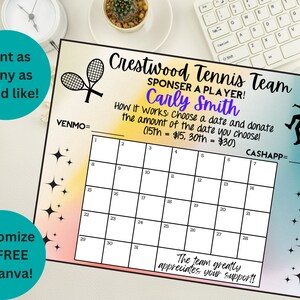 Zbiórka pieniędzy na tenis, Zbiórka pieniędzy, Zbiórka pieniędzy na sport, Kalendarz zbiórki pieniędzy, Wybierz datę, aby przekazać darowiznę Wersja do druku, Dostosuj drużynę, Pobierz cyfrowo