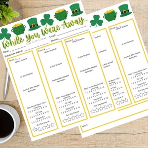 Könnte beinhalten: Eine druckbare Checkliste für Vertretungslehrer im Klassenzimmer mit einem St. Patrick's Day-Thema. Die Checkliste enthält Abschnitte für abwesende Schüler, All-Star-Schüler, Schüler, die Erinnerungen benötigten, und eine Klassenzeit-Berichtskarte. Die Berichtskarte enthält Abschnitte für Zuhören, Aufgabenbewältigung, Respekt und die Gesamtbewertung des Tages.
