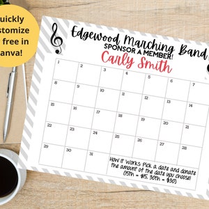 School Band Calendar Fundraiser, Marching Band Pick A Date to Donate Printable, Customizable Fundraiser, Editable Calendar, Digital Download