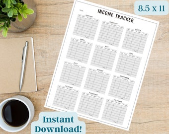 May include: Printable income tracker with a monthly breakdown for each month of the year. The tracker includes columns for date, source, description, and amount. The printable sheet is 8.5 inches by 11 inches.