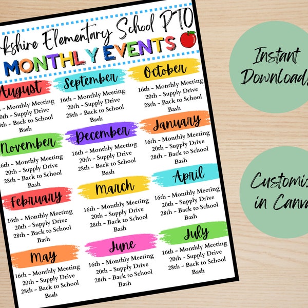 PTO Newsletter, Flyer, Parent Teacher Organization Flyer Newsletter, PTA, Back to School PTO Flyer, Monthly Calendar, List of Events