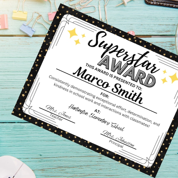 Superstar Student Award Certificate Digital Printable for Classroom or School Recognition PBIS Positive Behavior Intervention Supports Star