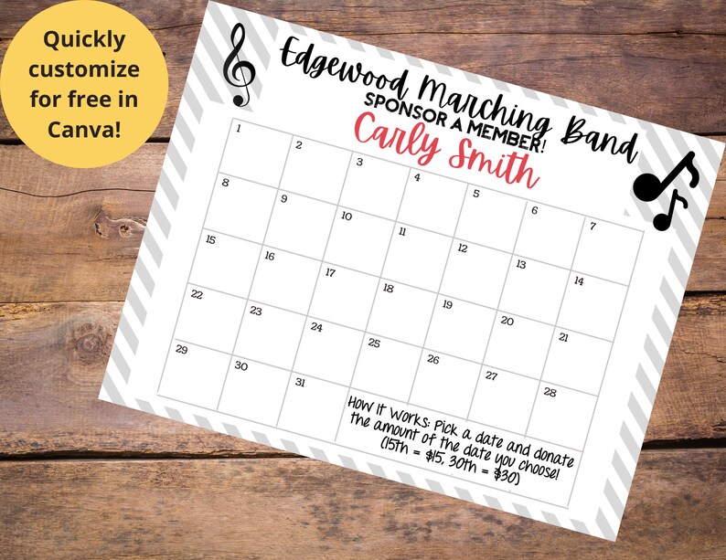 School Band Calendar Fundraiser Marching Band Pick A Date to Etsy