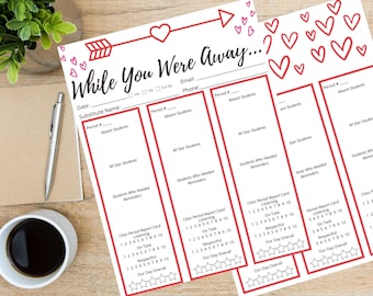 Valentines Hearts Middle High School Substitute Teacher Printable  Note Substitute Resources Editable Multiple Class Periods Substitute