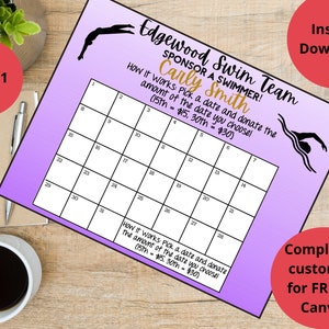 Calendar Fundraiser, Editable Swim Team, Pick a Date to Donate Printable, Fundraiser, Fundraiser, Editable Calendar, Swimmer