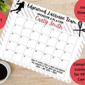 Calendar Fundraiser, Editable Lacrosse Team, Pick a Date to Donate Printable, Fundraiser, Fundraiser, Editable Calendar, Digital Template