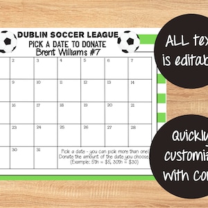 Editable Soccer League Fundraiser, Pick a Date to Donate Printable, Softball Fundraiser, Editable Calendar, Digital Template Customize