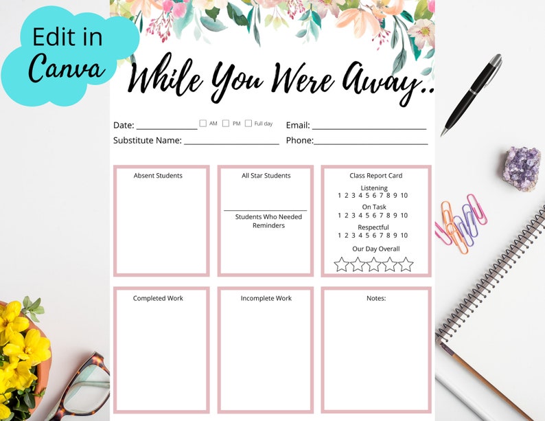 Puede incluir: Un planificador de profesor imprimible con un dise&ntilde;o floral y el texto "While You Were Away..." El planificador incluye secciones para estudiantes ausentes, estudiantes estrella, estudiantes que necesitaron recordatorios, trabajo completado, trabajo incompleto y notas. Tambi&eacute;n hay una tarjeta de informe de clase con secciones para escuchar, estar en la tarea, ser respetuoso y nuestro d&iacute;a en general.