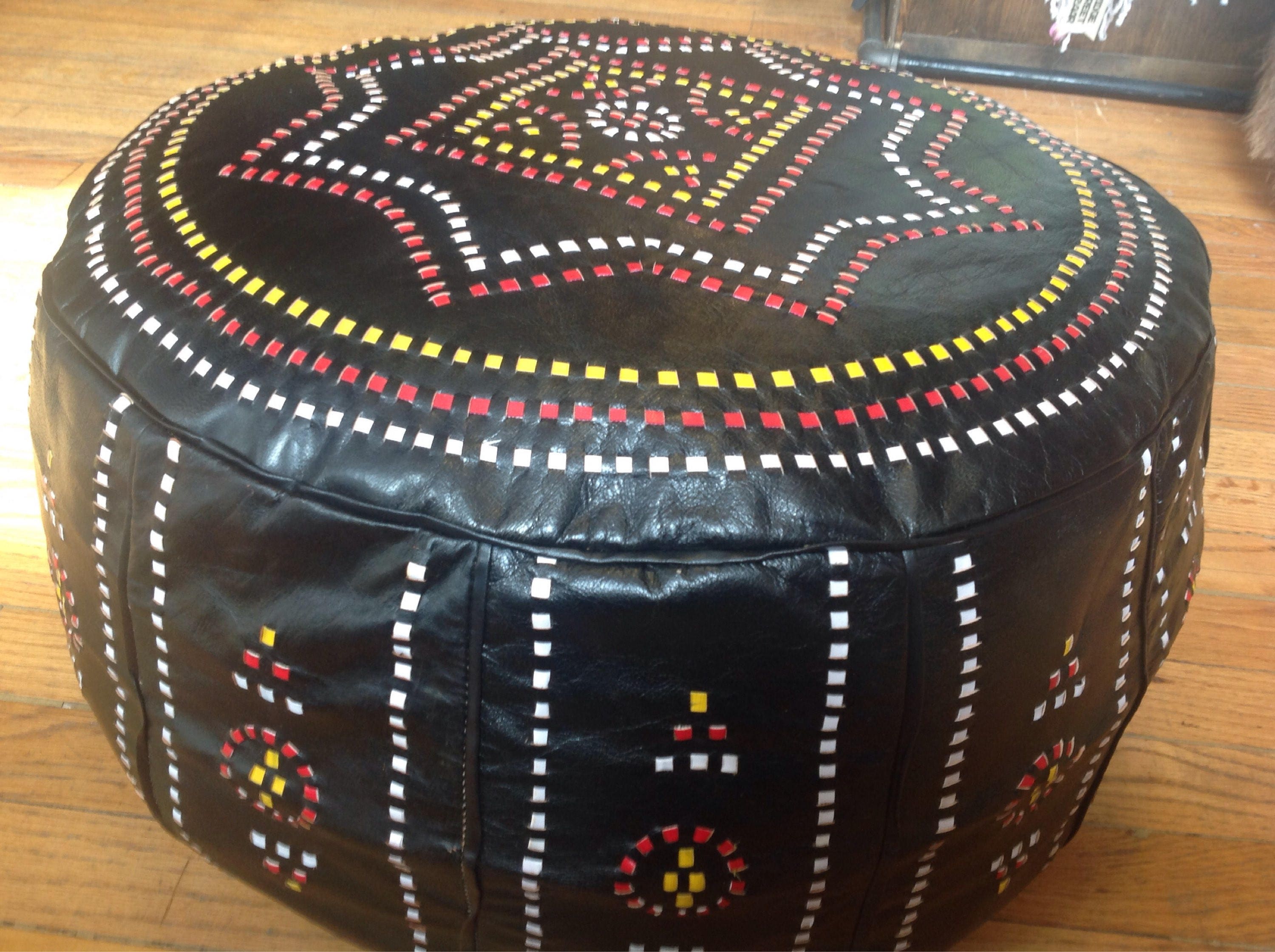 Black Multi Geometric Leather Pouf Boho Hassock Bohemian Dorm Etsy