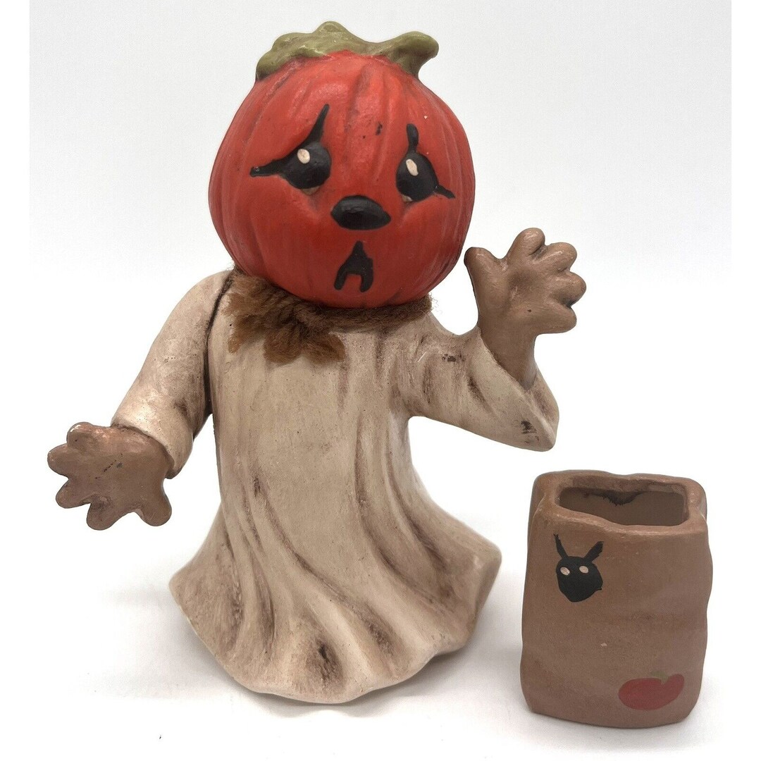 Vintage Halloween Ceramic Ghost Jack O Lantern Pumpkin Head Candy Bag ...