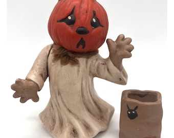 Vintage Halloween Ceramic Ghost Jack O Lantern Pumpkin Head Candy Bag