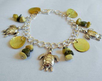 Turtle Charm Bracelet: Yellow Turquoise, Serpentine & Shell Beads