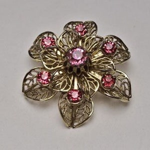 A gilt brass and pink rhinestones flower brooch ca1950s  #499