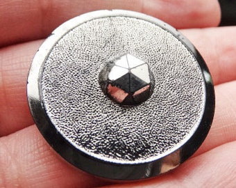 Victorian era large black glass button with silver lustre and faceted centre #118