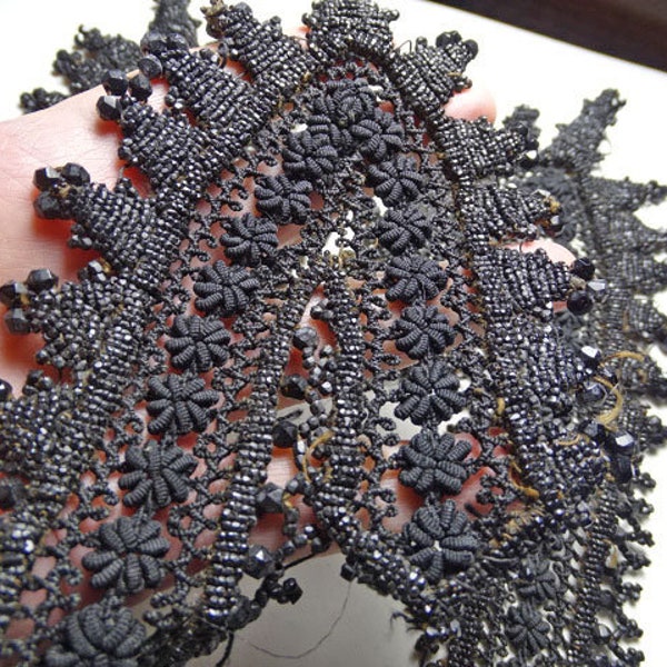 Choice 3 large antique Victorian black glass beaded passementerie appliqués  #T604