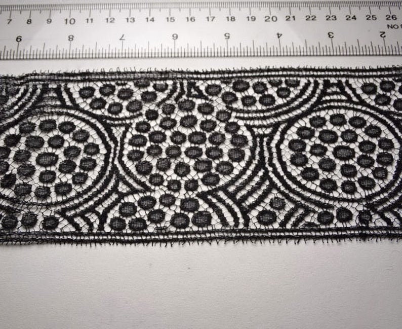 Antique wide black silk circle pattern Calais lace 3.5 by over 12 feet long #L-17