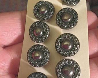 Set of 11 teal green tinted and silver lustred Victorian black glass buttons #584
