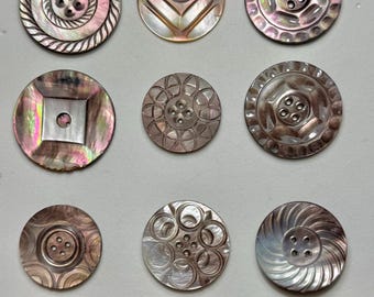 Choice of 9 antique hand carved iridescent M-L MOP buttons #798