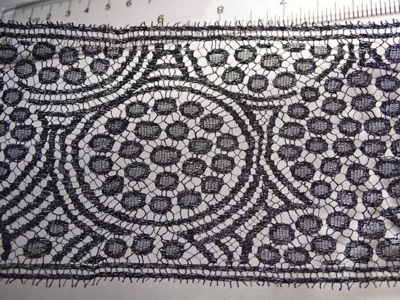 Antique wide black silk circle pattern Calais lace 3.5 by over 12 feet long #L-17