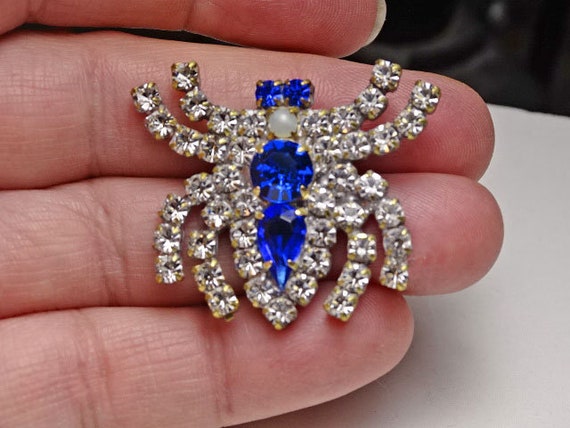 Vintage Czech Rhinestone Spider Button Sapphire B… - image 1
