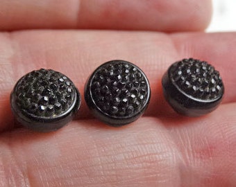 Set of 8 tiny Victorian black glass dome buttons with faux cut steel tops  #343