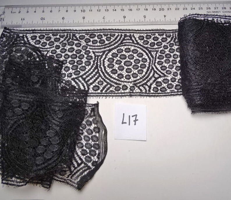Antique wide black silk circle pattern Calais lace 3.5 by over 12 feet long #L-17