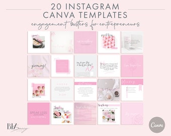 May include: Twenty pink and white Instagram Canva templates for entrepreneurs. The templates feature various designs with text such as "giveaway!" and "speak less, listen more".